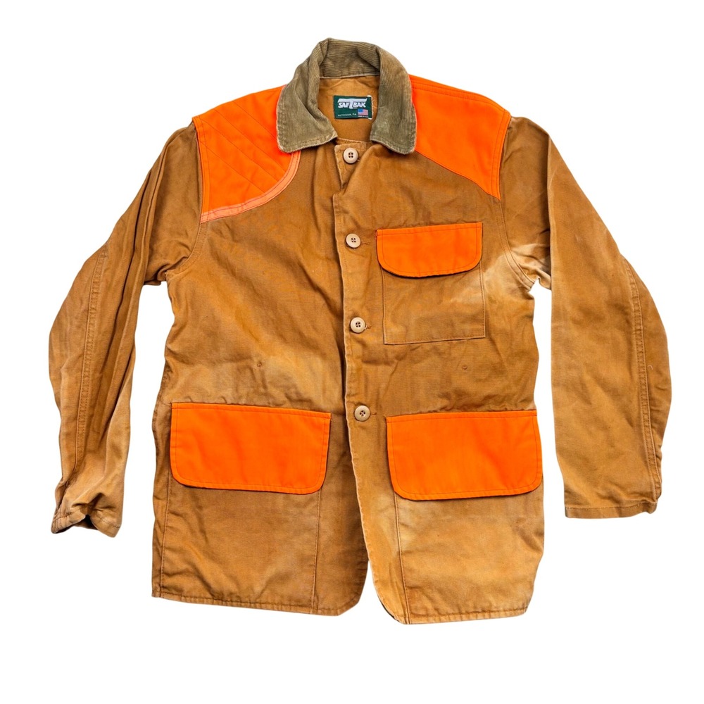 Saf-T-Bak Vintage Hunting Jacket Blaze Orange Tan Canvas Field Coat Made in USA